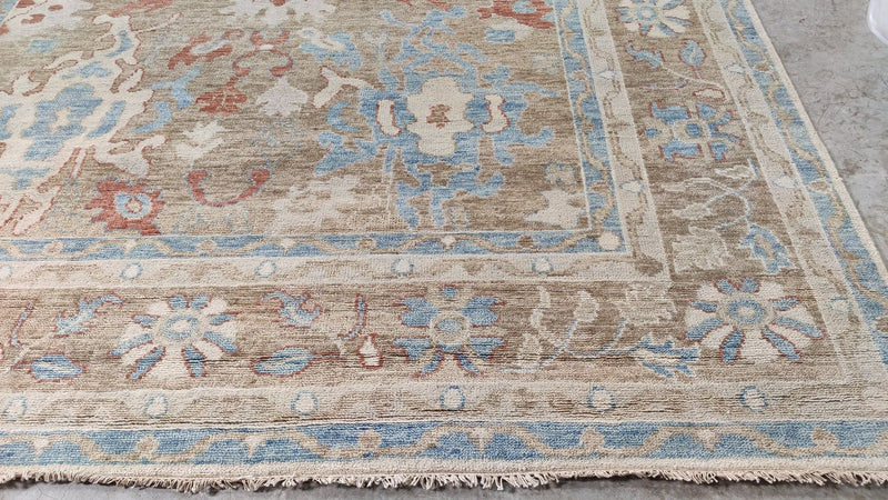 Kristin 9x11.9 Aqua and Brown Hand-Knotted Oushak Rug | Banana Manor Rug Company