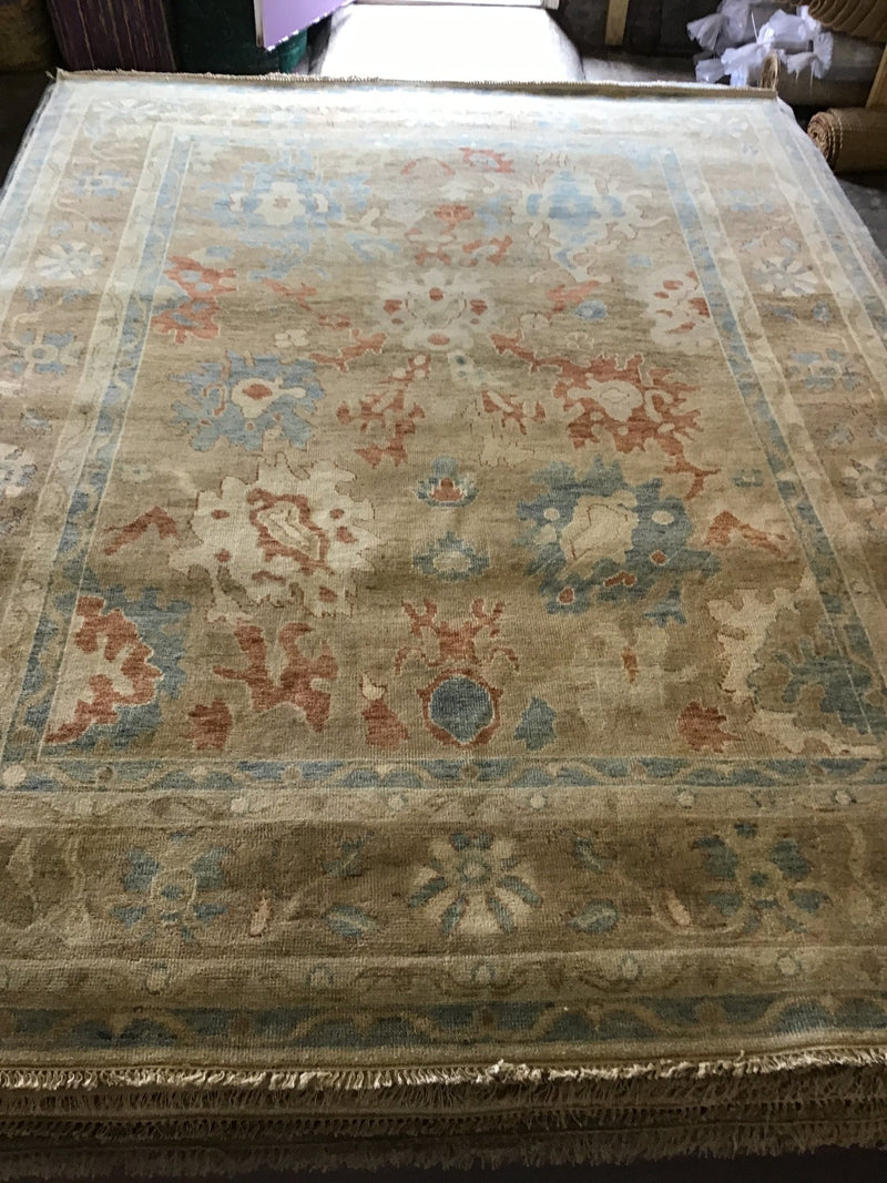 Kristin 9x11.9 Aqua and Brown Hand-Knotted Oushak Rug | Banana Manor Rug Company