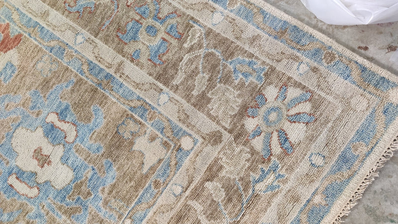 Kristin 9x11.9 Aqua and Brown Hand-Knotted Oushak Rug | Banana Manor Rug Company