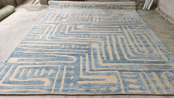 Kylie 9x12 Beige and Light Blue Hand-Knotted Modern Rug | Banana Manor Rug Company