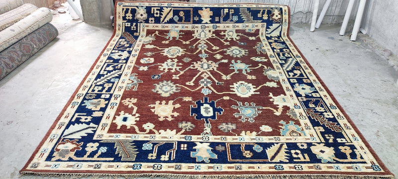 Laura Sartori Rimini Brown and Blue Hand-Knotted Oushak Rug 8x10 | Banana Manor Rug Company