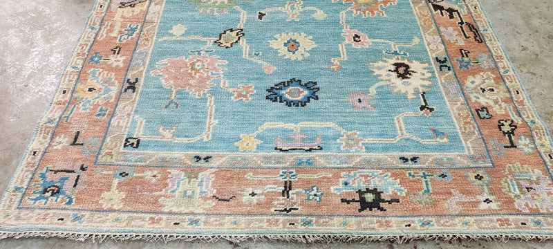 Laura Umansky Blue and Rust Hand-Knotted Oushak Rug 6x9 | Banana Manor Rug Company