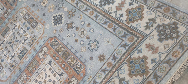 Lauren Rogan Aqua and Ivory Hand-Knotted Oushak Rug 8x9.9 | Banana Manor Rug Company