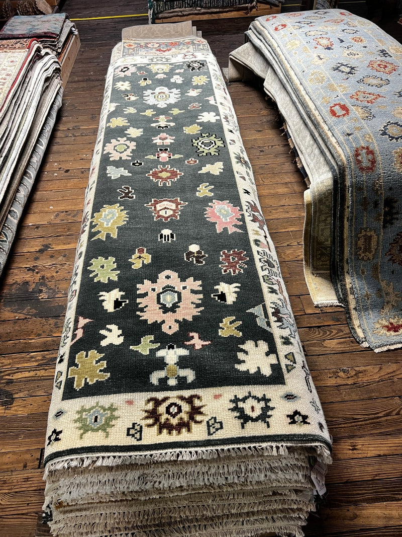 Lea Seydoux 3.6x10.9 Dark Green and Ivory Hand-Knotted Oushak Runner | Banana Manor Rug Factory Outlet