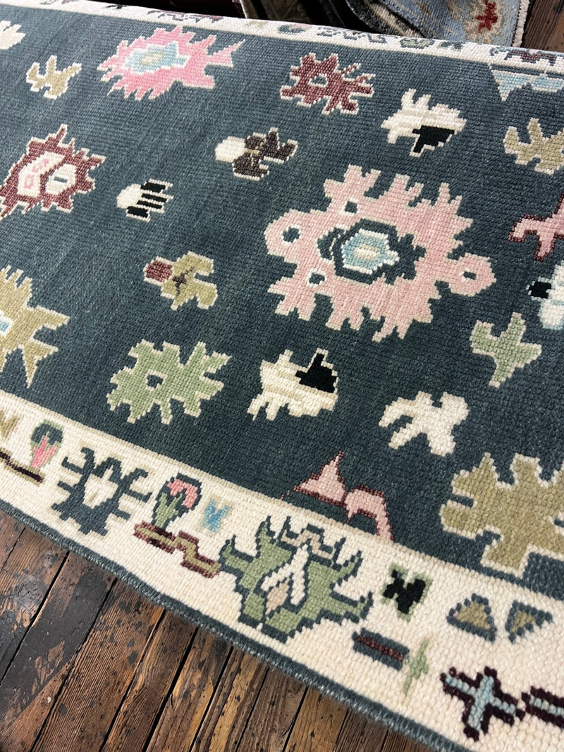 Lea Seydoux 3.6x10.9 Dark Green and Ivory Hand-Knotted Oushak Runner | Banana Manor Rug Factory Outlet