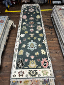 Lea Seydoux 3.6x10.9 Dark Green and Ivory Hand-Knotted Oushak Runner | Banana Manor Rug Factory Outlet
