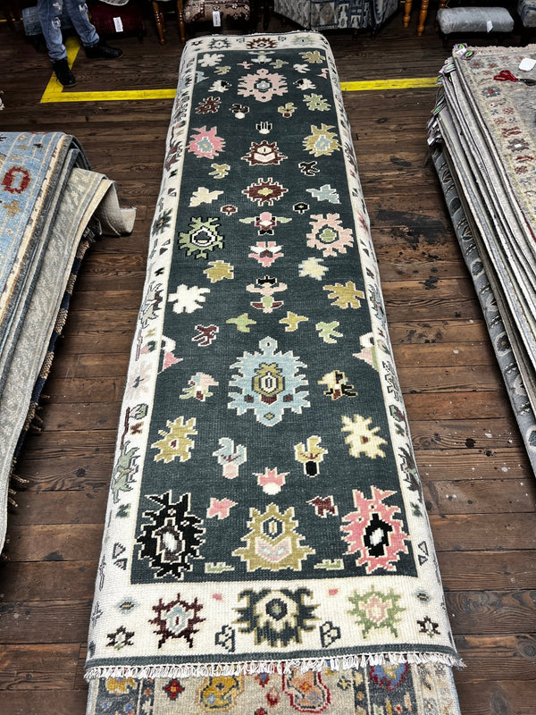 Lea Seydoux 3.6x10.9 Dark Green and Ivory Hand-Knotted Oushak Runner | Banana Manor Rug Factory Outlet