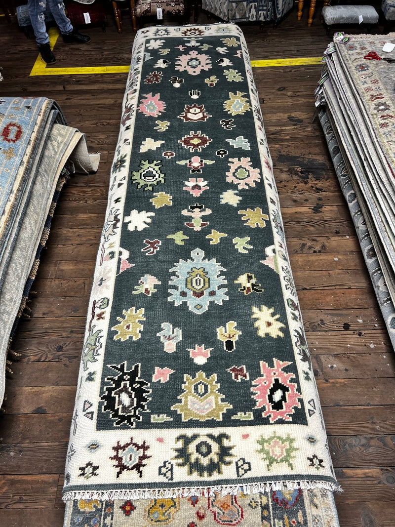 Lea Seydoux 3.6x10.9 Dark Green and Ivory Hand-Knotted Oushak Runner | Banana Manor Rug Factory Outlet