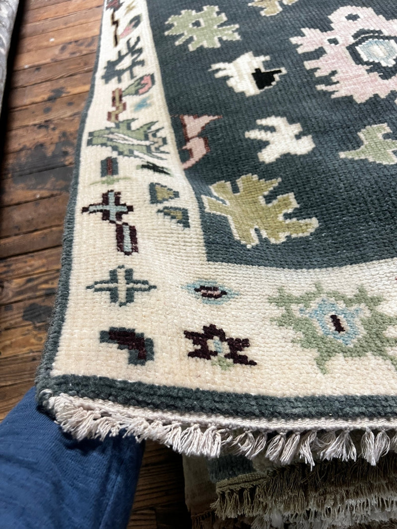 Lea Seydoux 3.6x10.9 Dark Green and Ivory Hand-Knotted Oushak Runner | Banana Manor Rug Factory Outlet