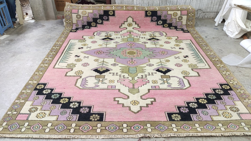 Lila 8x9.6 Light Pink and Ivory Hand-Knotted Oushak Rug | Banana Manor Rug Company