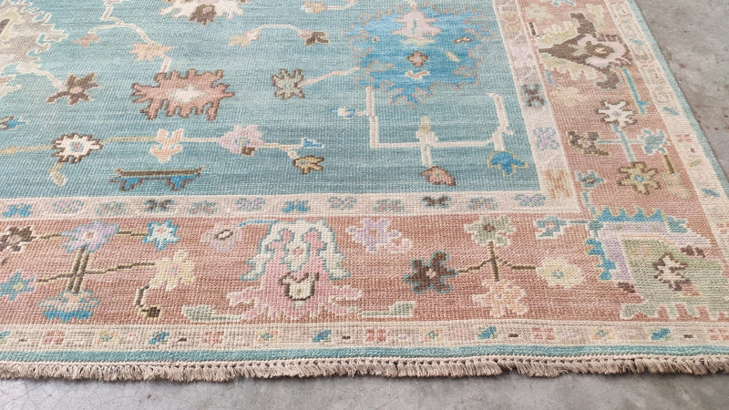 Lilith 9x12 Light Blue and Rust Hand-Knotted Oushak Rug | Banana Manor Rug Company