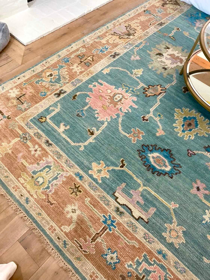 Lilith 9x12 Light Blue and Rust Hand-Knotted Oushak Rug | Banana Manor Rug Company