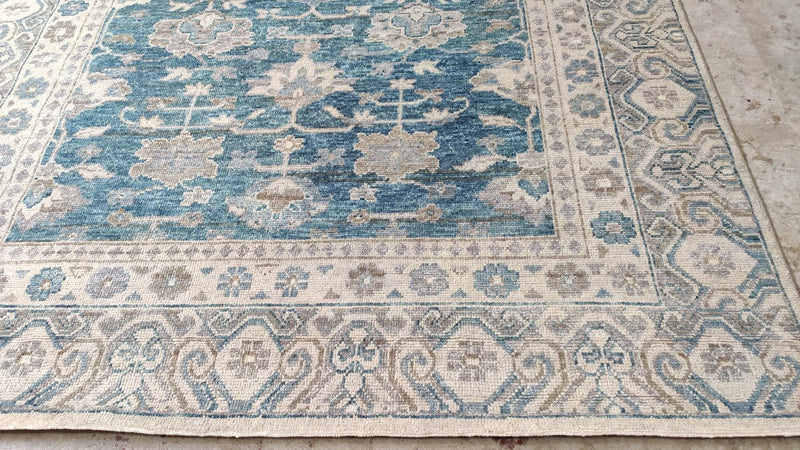 Linda Fiorentino 6.3x9 Blue and Beige Hand-Knotted Oushak Rug | Banana Manor Rug Company