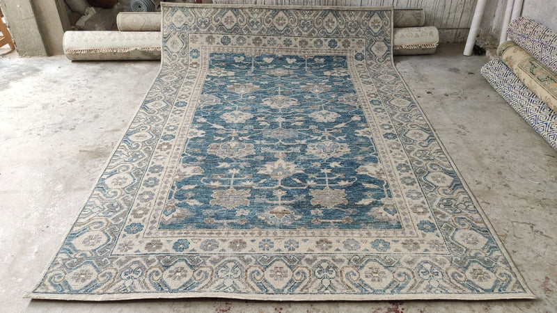 Linda Fiorentino 6.3x9 Blue and Beige Hand-Knotted Oushak Rug | Banana Manor Rug Company