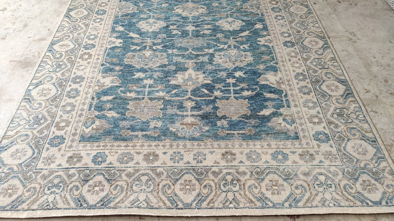 Linda Fiorentino 6.3x9 Blue and Beige Hand-Knotted Oushak Rug | Banana Manor Rug Company