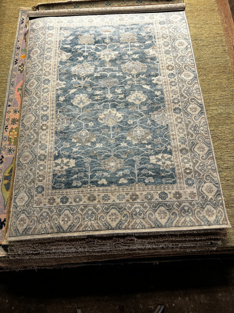 Linda Fiorentino 6.3x9 Blue and Beige Hand-Knotted Oushak Rug | Banana Manor Rug Company