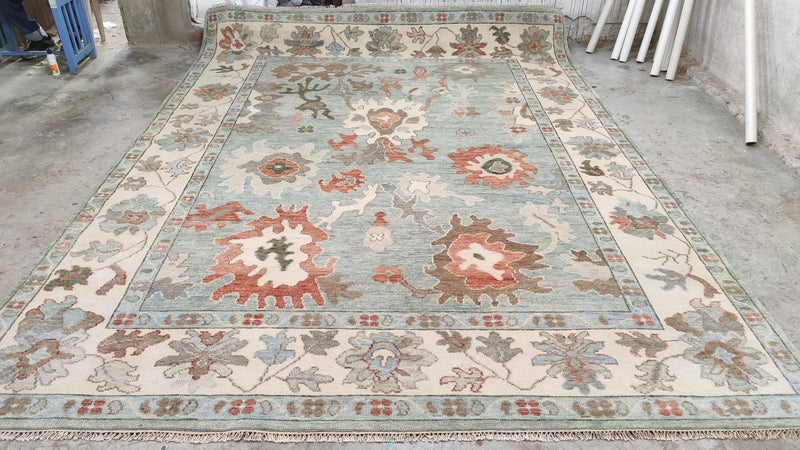 Liv 8.9x11.9 Hand-Knotted Light Blue and Cream Oushak Rug | Banana Manor Rug Company