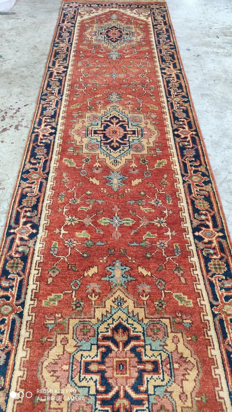 Lonelyland 2.6x10.6 Rust and Blue Hand-Knotted Serapi Runner | Banana Manor Rug Company