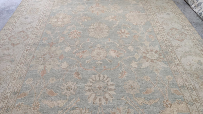 Lorelei 9x11.9 Aqua, Blue, and Ivory Hand-Knotted Oushak Rug | Banana Manor Rug Company