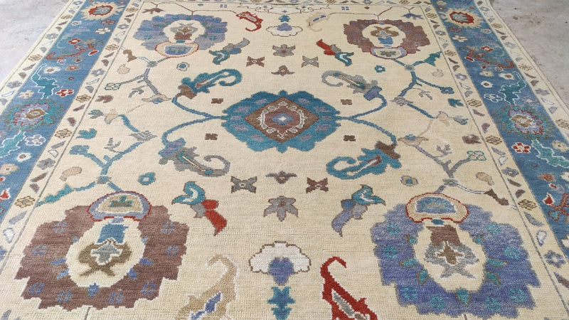 Lorena 8x10 Cream and Blue Hand-Knotted Oushak Rug | Banana Manor Rug Company