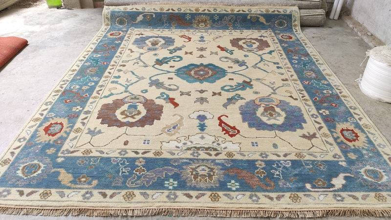 Lorena 8x10 Cream and Blue Hand-Knotted Oushak Rug | Banana Manor Rug Company