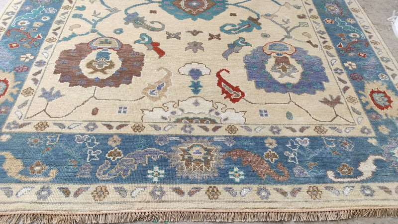 Lorena 8x10 Cream and Blue Hand-Knotted Oushak Rug | Banana Manor Rug Company