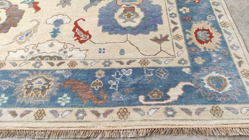 Lorena 8x10 Cream and Blue Hand-Knotted Oushak Rug | Banana Manor Rug Company