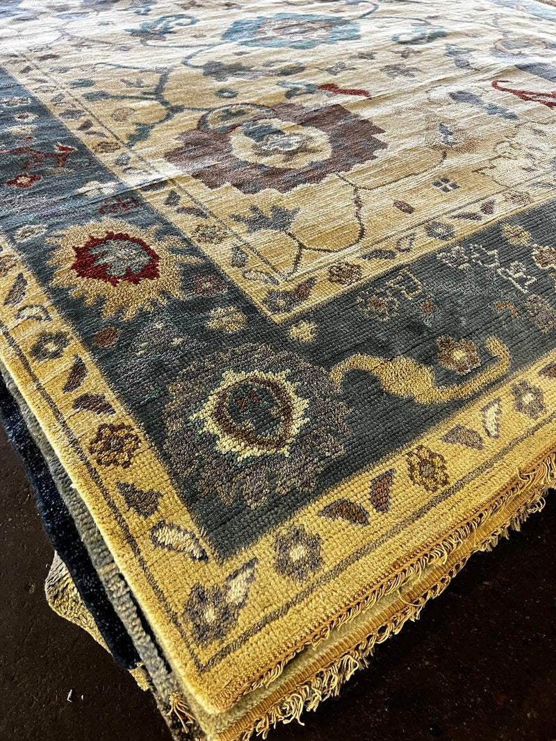 Lorena 8x10 Cream and Blue Hand-Knotted Oushak Rug | Banana Manor Rug Company