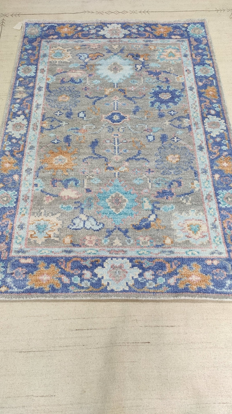 Lottie 4x6 Beige and Blue Hand-Knotted Bamboo Silk Oushak Rug | Banana Manor Rug Company