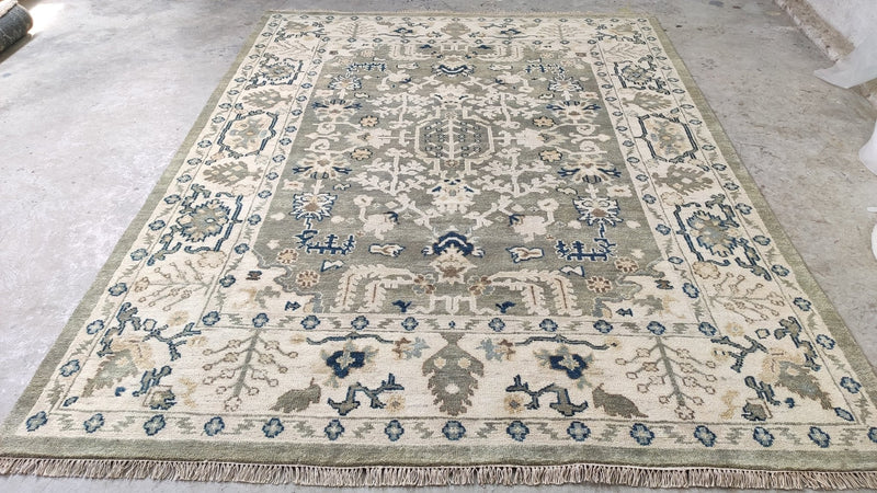 Louisa 7.9x10 Light Green and Ivory Hand-Knotted Oushak Rug | Banana Manor Rug Company