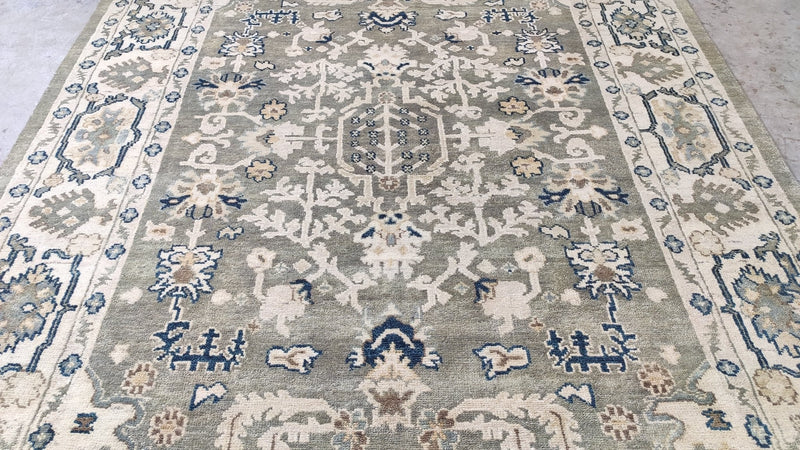 Louisa 7.9x10 Light Green and Ivory Hand-Knotted Oushak Rug | Banana Manor Rug Company