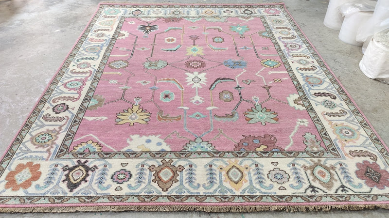 Mallorie Grace 8x10 Pink and Ivory Hand-Knotted Oushak Rug | Banana Manor Rug Company