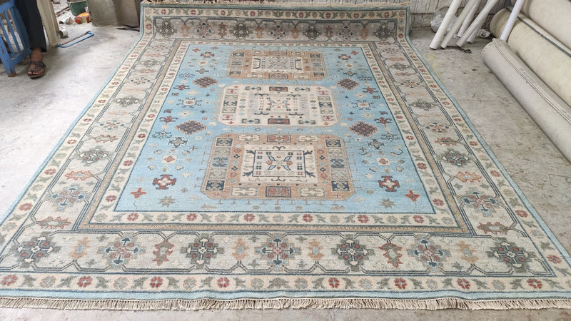 Mandolin 8x10 Blue and Beige Hand-Knotted Oushak Rug | Banana Manor Rug Company