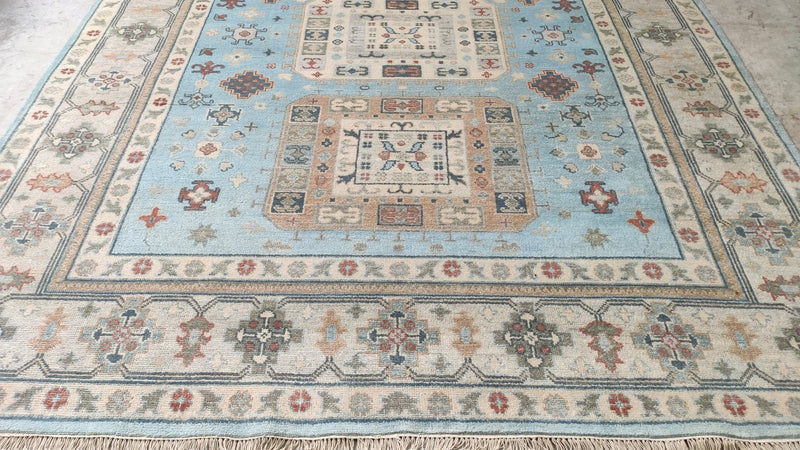 Mandolin 8x10 Blue and Beige Hand-Knotted Oushak Rug | Banana Manor Rug Company