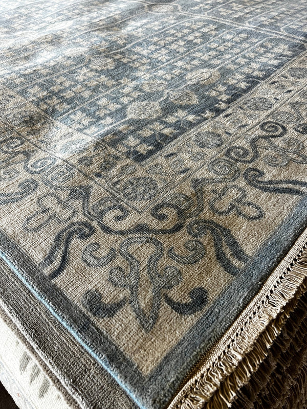 Marais 9x11.9 Blue and Tan Hand-Knotted Oushak Rug | Banana Manor Rug Company