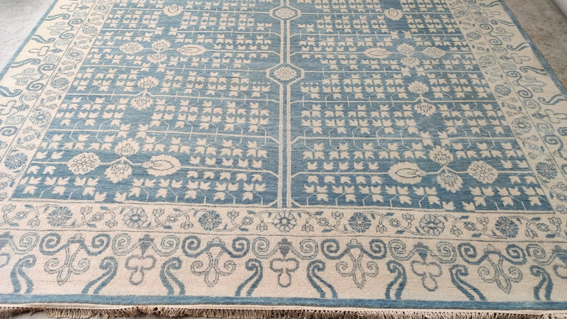 Marais 9x11.9 Blue and Tan Hand-Knotted Oushak Rug | Banana Manor Rug Company