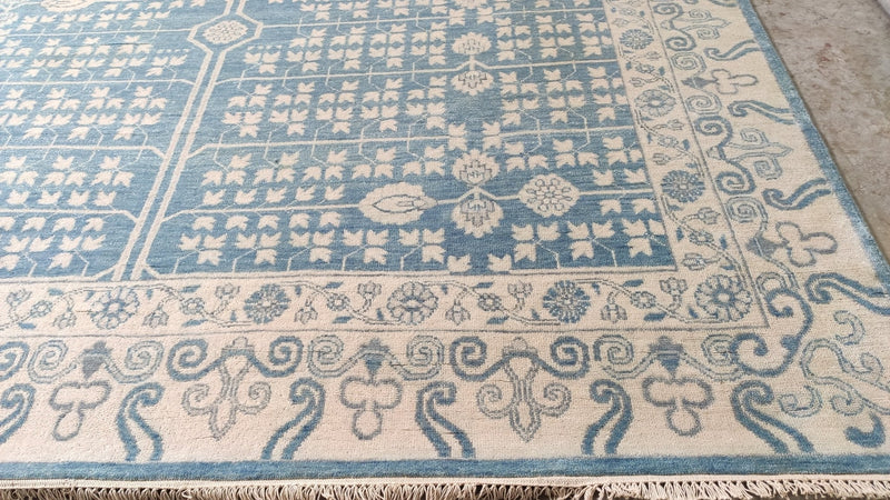 Marais 9x11.9 Blue and Tan Hand-Knotted Oushak Rug | Banana Manor Rug Company