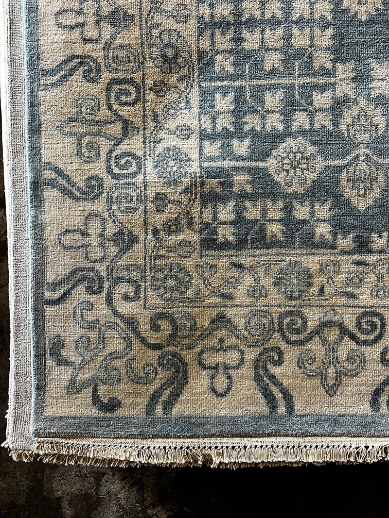 Marais 9x11.9 Blue and Tan Hand-Knotted Oushak Rug | Banana Manor Rug Company