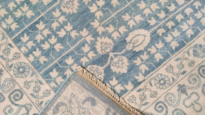 Marais 9x11.9 Blue and Tan Hand-Knotted Oushak Rug | Banana Manor Rug Company