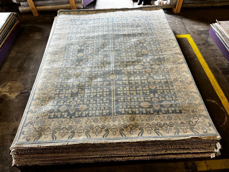 Marais 9x11.9 Blue and Tan Hand-Knotted Oushak Rug | Banana Manor Rug Company