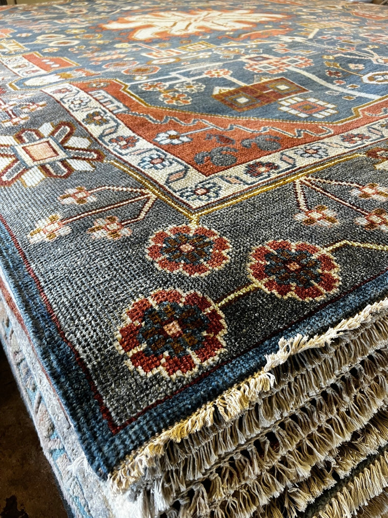 Marian McEvoy Blue and Grey Hand-Knotted Oushak Rug 9x12 | Banana Manor Rug Factory Outlet