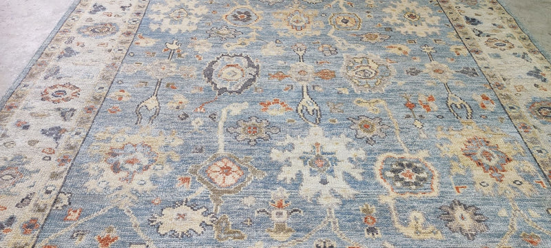 Marina Aleksandrova Hand-Knotted Oushak Rug Light Blue and Tan 9x12 | Banana Manor Rug Company