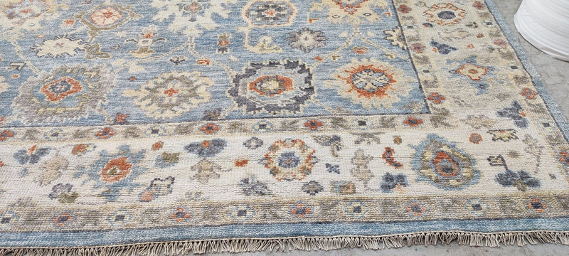 Marina Aleksandrova Hand-Knotted Oushak Rug Light Blue and Tan 9x12 | Banana Manor Rug Company