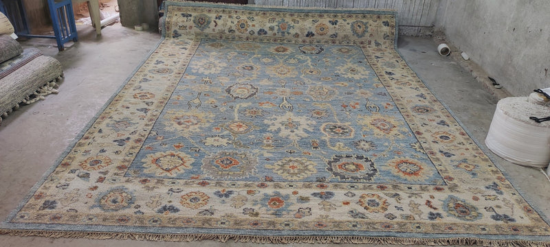 Marina Aleksandrova Hand-Knotted Oushak Rug Light Blue and Tan 9x12 | Banana Manor Rug Company