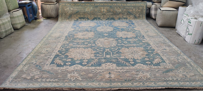 Mariya Andreeva Hand-Knotted Oushak Rug Light Blue and Tan 9x12.3 | Banana Manor Rug Company