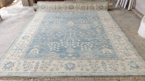 Marla 9x12.3 Light Blue and Ivory Hand-Knotted Oushak Rug | Banana Manor Rug Company