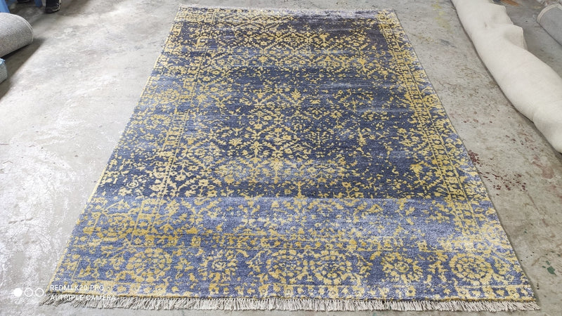 Marquette 6.3x9 Blue and Gold Hand-Knotted Modern Viscose Rug | Banana Manor Rug Company