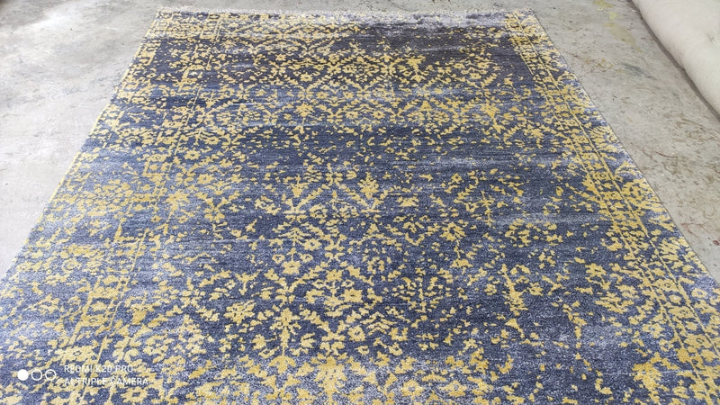 Marquette 6.3x9 Blue and Gold Hand-Knotted Modern Viscose Rug | Banana Manor Rug Company