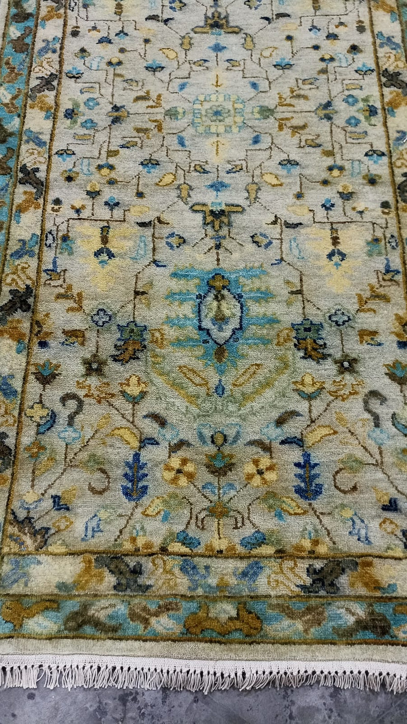 Mary 3x28 Beige and Blue Hand-knotted Oriental Runner | Banana Manor Rug Company