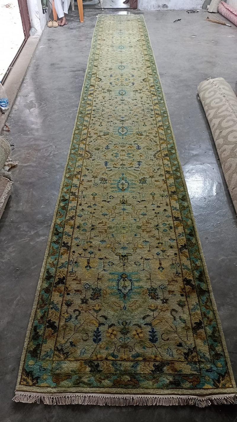 Mary 3x28 Beige and Blue Hand-knotted Oriental Runner | Banana Manor Rug Company